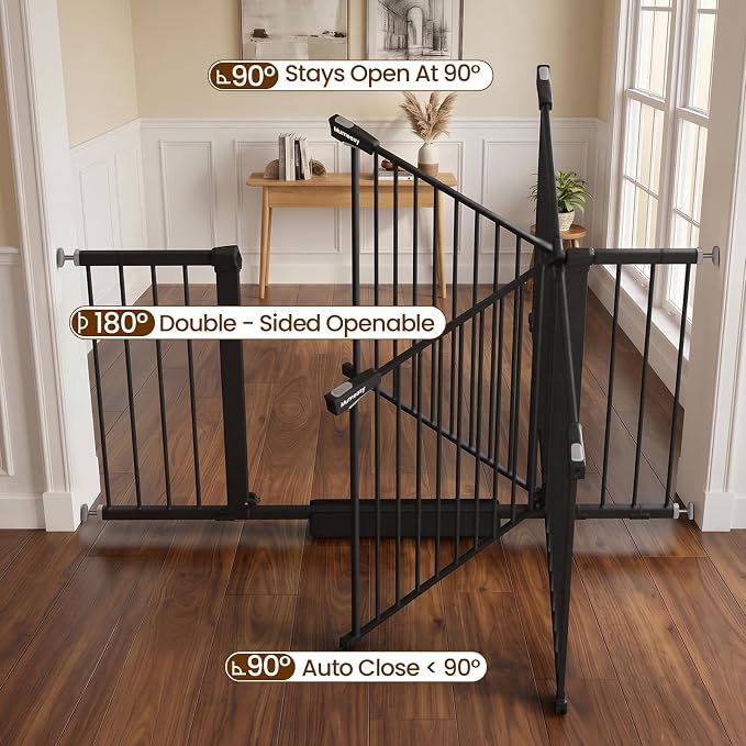Mumeasy 36-58" Extra Wide Baby Gate for Stairs, 30" Tall Walk Through Dog Gate for Doorways & Hallways, Auto Close Pressure Mounted Safety Gate for Toddlers & Pets, Dual Swing Child Gate Indoor, Black