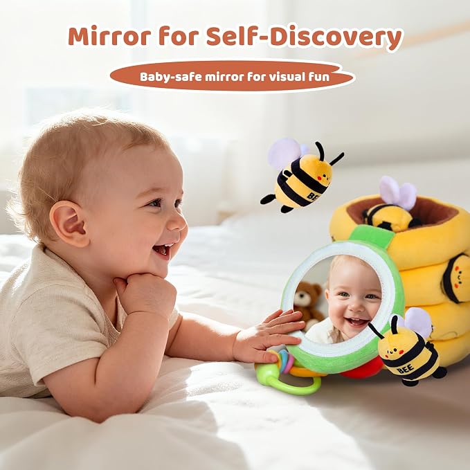 Baby Toys 6-12 Months – Beehive Infant Toy with 5 Sensory Bees, Rattle, Music, Mirror Montessori Toys for 6 7 8 9 10 11 12 Month Old Baby, Boys Girls Birthday