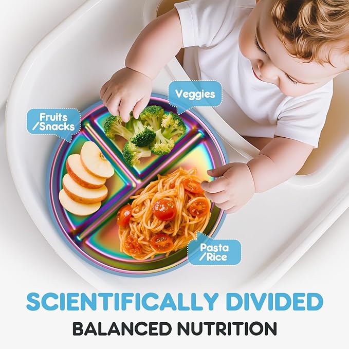 Stainless Steel Toddler Plates with Suction, 9" BPA-Free Rainbow Baby Plates 2pcs with Removable Food-Grade Silicone Base, Divided Kids Plates Dishwasher Safe, Blue & Green