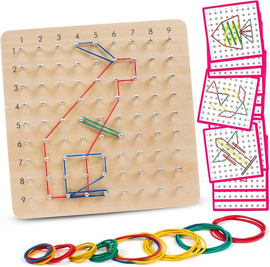 Skrtuan Wooden Geoboard with Pattern Cards & Rubber Bands, Montessori STEM Educational Toy for Kids 3-5 5-8 Years Old, Brain Teaser Puzzle Game for Geometry Learning and Creative Shapes
