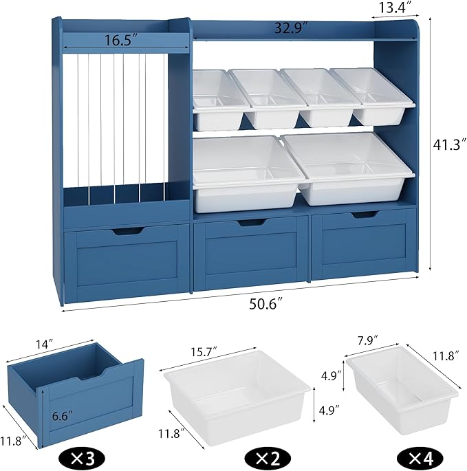 50.6" W Large Toy Storage, Kids Toy Organizer Shelf with Stuffed Animal Zoo, 6 Plastic Bins, 3 Rolling Boxes, Wooden Toddler Toy Bookshelf Organization Shelves for Kids Room, Bedroom (Blue)