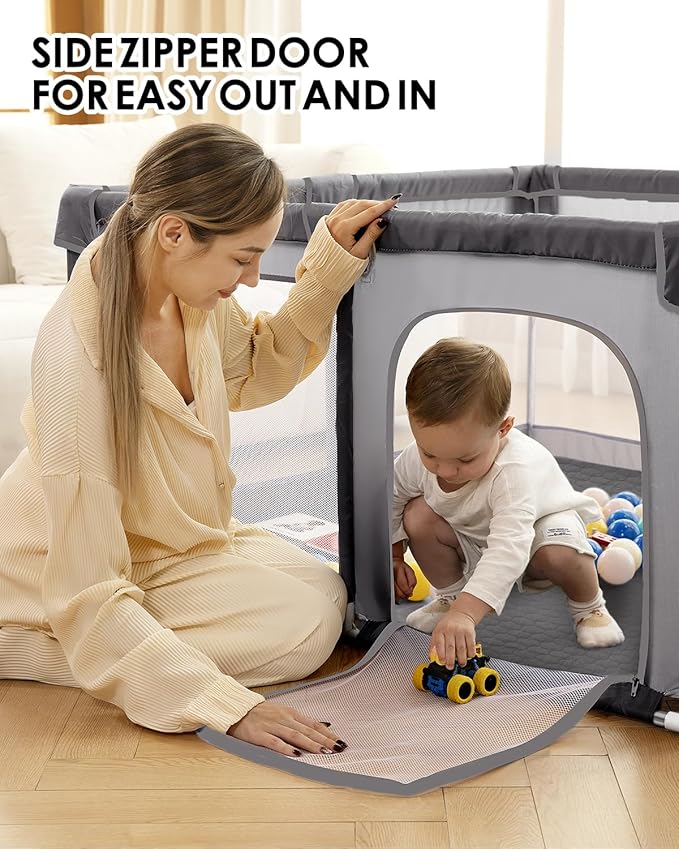 dearlomum Baby Playpen with Non Removable Mat, Extra Large Play Yard for Babies & Toddlers, Portable Travel Playpen, Baby Activity Center for Indoor & Outdoor Use (Gray 59"×71")