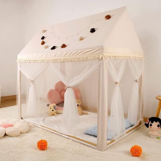 Kids Play Tent Indoor Outdoor, Large Play House Tents for Toddlers 3-12 Years Old, Girls Boys Play Tents with Non-Slip Mat, Tassel Garland and Star Lights, Neutral Color 52" x 35" x 52"