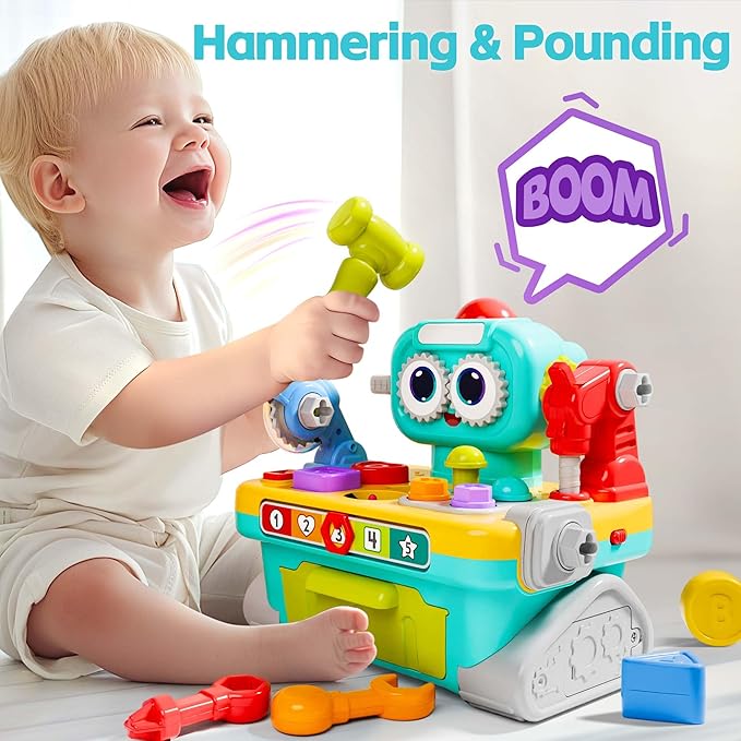 iPlay, iLearn Toddler Musical Workbench Toys for One Year Old Boys, Baby Pretend Play Tool Set, Infant Shape Sorter Activities, Kids Pounding Game, 1st Birthday Gift for 12 18 24 Month Girls Age 1 2 3
