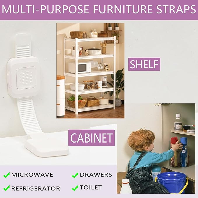 Upgraded No Drill Adhesive Furniture Anchor, Adjustable Anti Tip Furniture Wall Straps for Baby Proofing & Pets, 4 Pack