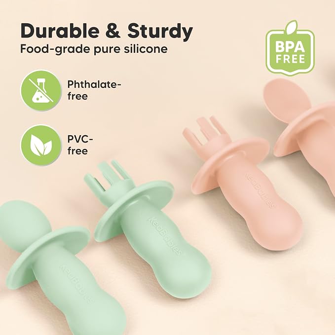 KeaBabies 4-Pack Silicone Baby Spoons and Forks Set - Baby Spoon Self Feeding, BLW Baby Utensils 6-12 Months, Baby Led Weaning Feeding Spoon