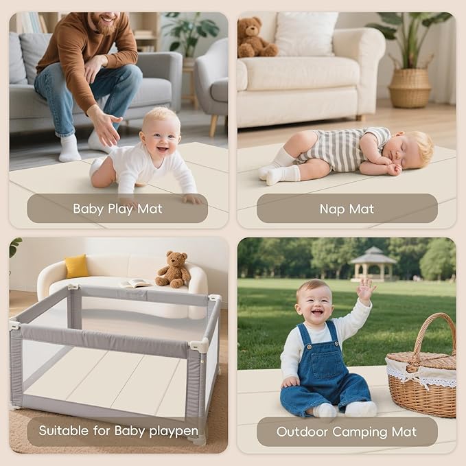 Suihuooo Baby Play Mat Foldable, 1.2" Thick Waterproof Playmats for Floor, Thicken Foam Playmat for Tummy Time, 47x47 Playpen Mat, Portable Baby Floor Mat for Infant, Toddler, Beige