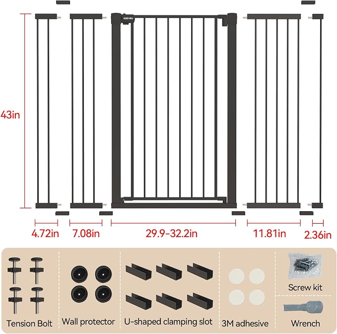 43 inch Tall Safety Dog Gate Adjustable 29.7-57 inch Extra-Wide Metal Pet Gate Drill-Free Pressure-Mount Installation kit Self-Closing Cat Gate for Stairwells、Doorways（Black）