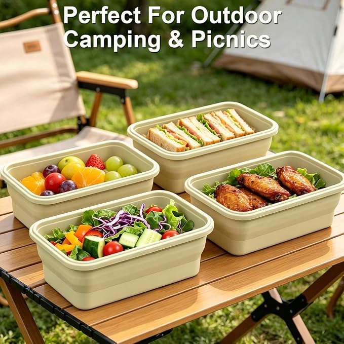 Collapsible Silicone Food Containers with Lids, 2 Pack 1200ml | Space saving foldable bowls for camping, microwave, freezer & dishwasher safe, BPA free