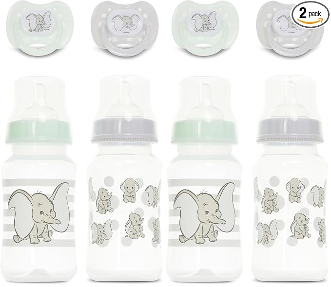 Disney Baby Bottles and Pacifiers Set – 2 Hourglass-Shaped 11oz Bottles + 2 Orthodontic Pacifiers – Officially Licensed Mickey, Minnie, Pooh & Dumbo Designs – BPA-Free Feeding Gift Set (Pack of 2)