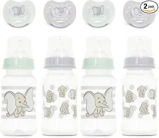 Disney Baby Bottles and Pacifiers Set – 2 Hourglass-Shaped 11oz Bottles + 2 Orthodontic Pacifiers – Officially Licensed Mickey, Minnie, Pooh & Dumbo Designs – BPA-Free Feeding Gift Set (Pack of 2)