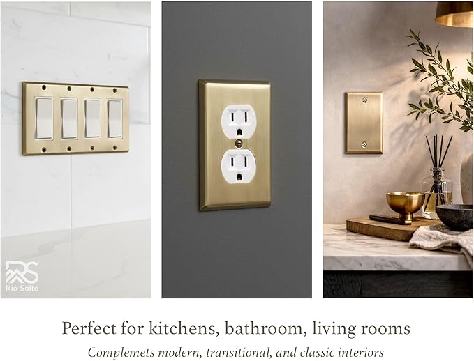 Rio Salto BRASS Signature Collection Triple Toggle Metal Antique Gold Toggle Outlet Cover MIDSIZE 3 Switch Plate Light Switch Plate Vintage Matte Gold (Toggle, 3-Gang)