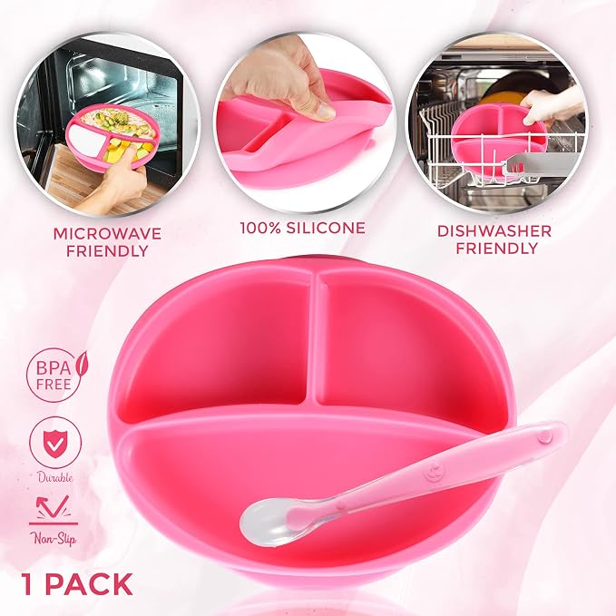 Sperric Silicone Suction Plate for Baby - 100% Food Grade Silicone Divided Plate | Toddler Self Feeding Training Suction Plate Set | BPA-Free, Microwave & Dishwasher Safe Stay Put Plates (Pink)