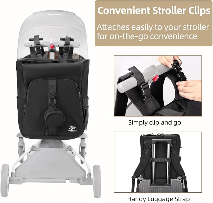 Diaper Bag Backpack with Changing Pad, Wet Dry Bag, Pacifier Case and Stroller Straps, Soft Cotton Lining, Baby Travel Bag for Moms and Dads（Black）
