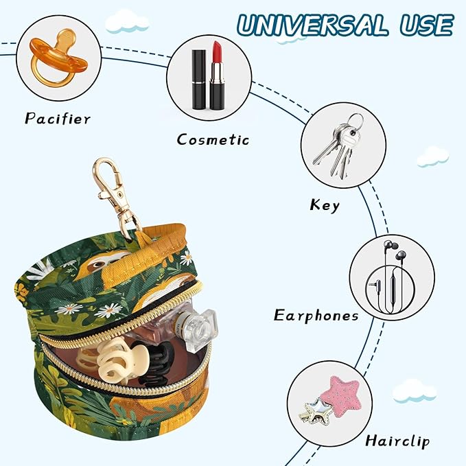 Pacifier Holder with Clip Pacifier Case for Diaper Bag Round Baby Pacifier Pouch Box Bag Portable Sloths Leaves Daisy Green