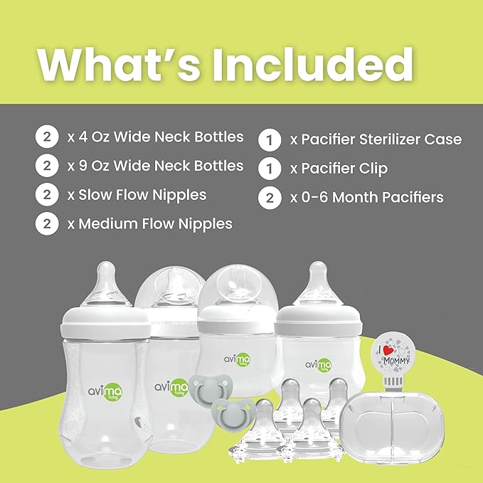Avima Baby Wide Neck Bottle Starter Kit ??12 Piece Set. Anti Colic Feeding Set w/ 4 oz & 9 oz Baby Bottles, Slow & Medium Flow Nipples & Pacifiers, BPA Free
