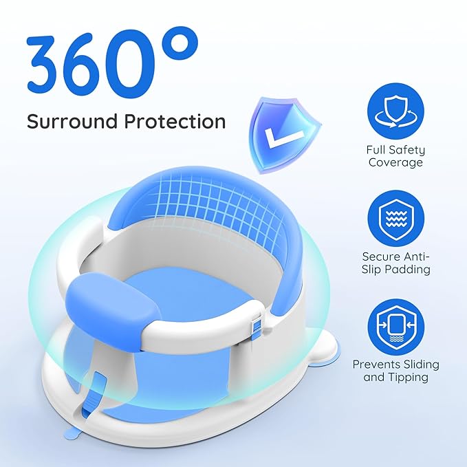 Baby Bath Seat Baby Bathtub - with Strong Suction Cups and 360° Surround Support ??Easy Release, Non-Slip Cushion, Lockable Armrests ??Infant Bath Chair for Babies 6-24 Months, Blue