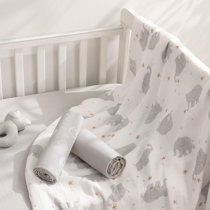 david's kids Muslin Swaddle Blankets, 4 Pack Organic Cotton Baby Blankets, Breathable Soft Receiving Blanket for Boys Girls, Newborn Essentials, Large 47 x 47 inches, Elephant