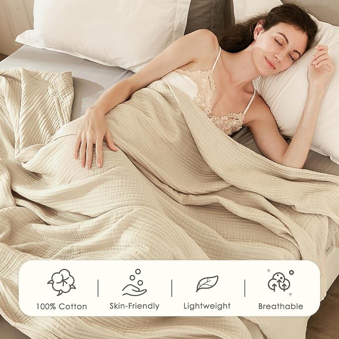 EMME Cotton Muslin King Blanket Big Oversized Bed Layering Bedspread Coverlet Beige Breathable Gauze Soft Lightweight Blankets (120"x94")