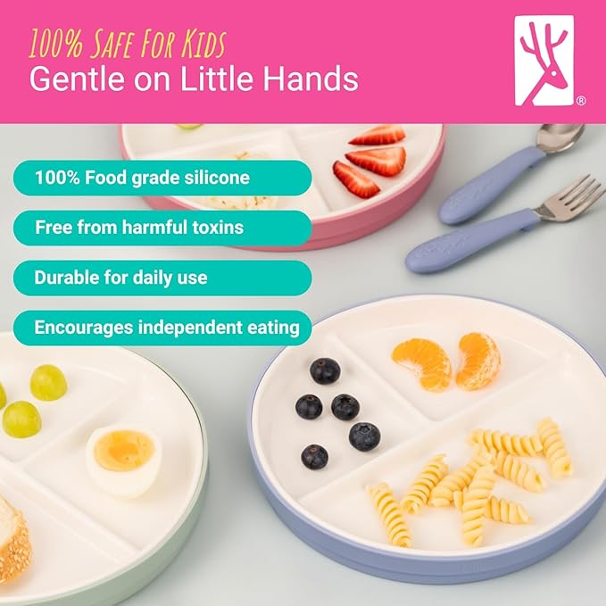 Elk and Friends Kids 7.8??Porcelain Divided Plates with Silicone Sleeves | Suitable for Babies/Kids/Toddlers | Microwave & Dishwasher Safe | Non Slip | Snack Dishes