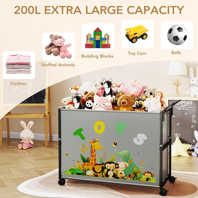 BBLIKE Toy Box for Kids - 200L Extra Large Toy Chest Storage with Wheels for Boys and Girls, Toy Organizer Bin for Stuffed Animals, Toy Basket for Bedroom, Nursery, Living Room, Playroom, Gray