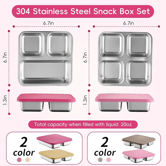 Tanjiae Stainless Steel Snack Containers with Lids, 20oz Multi-Compartment Leak Proof Small Bento Box for Kids & Toddlers - Reusable Metal Food Containers for School Lunch, Travel, Daycare
