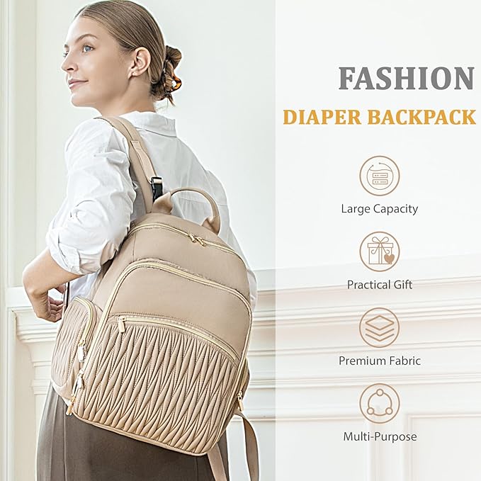 Miss Fong Diaper Bag Backpack - Quilted Travel Baby Bag with Changing Pad, 16 Pockets, Waterproof, Large Capacity - Mommy Backpack for Baby Shower Gifts (Khaki)