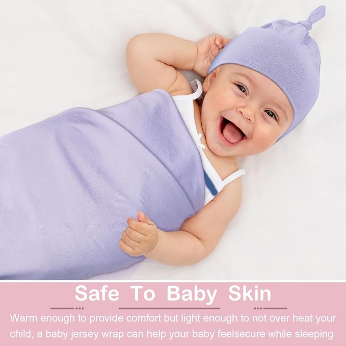 JaGely 2 Pcs Stretchy Baby Swaddle Blankets Set with Hats Extra Soft 47" x 47" Newborn Nursery Swaddle Wrap for Baby Girls and Boys(Pink, Light Purple)