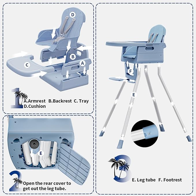 3 in 1 Convertible High Chairs for Toddlers 1-3 Baby Feeding Chair with Tray Wipeable Infant Highchair Sit Up High Chair for Babies and Toddlers with 5-Point Safety Harness & Cushion Blue