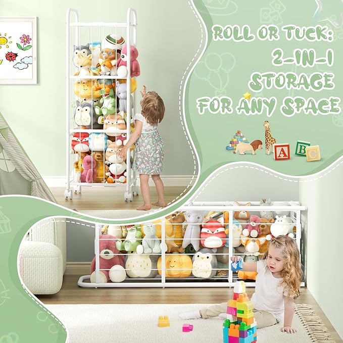 Stuffed Animal Storage Metal Tube Extra Large Toy Storage Organizer with Brake Wheels, Stuffed Animal Holder Zoo Organizer for Nursery Playroom Kids Room White(53.5??x 18.1?�x 13??
