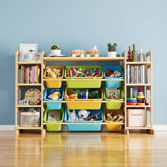 SpaceAid Large Toy Storage Organizer 9 Shelves 9 Bins, Toy Organizers Storage Bookshelf, Kids Bin Shelf Toys Box Bookcase for Bedroom Playroom Organization Room Decor, Multi-Colored