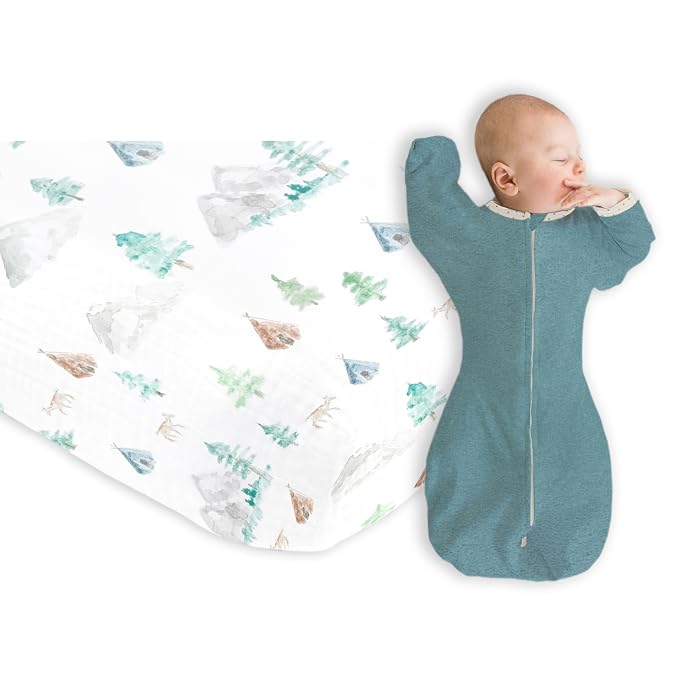 SwaddleDesigns 6-9 Mo Baby Sleep Set, Teal and Watercolor Mountains & Trees, Transitional Swaddle Sack with Arms Up Half-Length Sleeves & Mitten Cuffs and Softest Cotton Muslin Crib Sheet