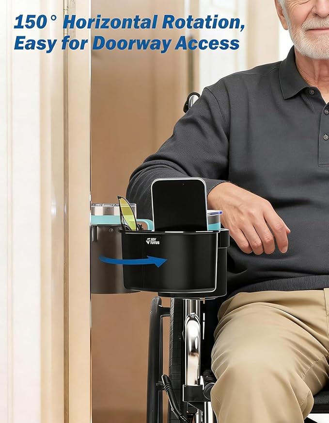 JOYTUTUS Wheelchair Cup Holder 2 Pack, 2-in-1 Walker Cup Holder with 6.4'' Storage Box, Drink Holder for Bottle with Handle, Fit for Wheelchair, Walker, Rollator, Stroller, Camper, Golf cart (Large)
