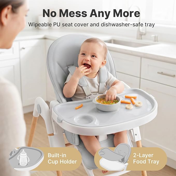 Baby High Chair, Convertible Folding Highchair with Dishwasher-Safe Tray, Adjustable Heights, 5-Point Harness, Portable Dining High Chairs for Babies and Toddlers (Wood Grain+Light Gray)
