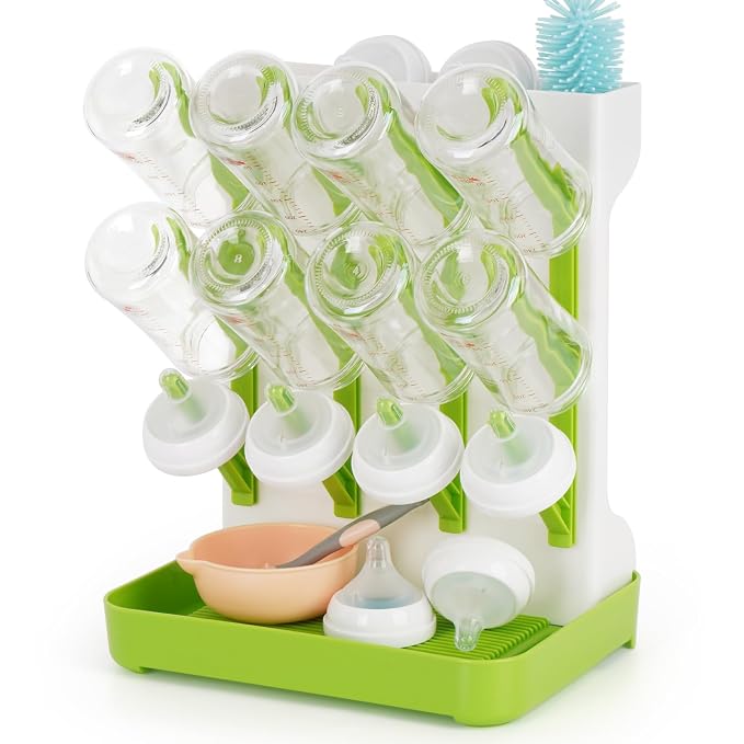 Baby Bottle Drying Rack, Space Saving Baby Bottle Organizer for Countertop, Vertical Bottle Dryer Holder with Brushes Holder, Large Bottle Storage Holder 12 Bottles & Baby Accessories Green