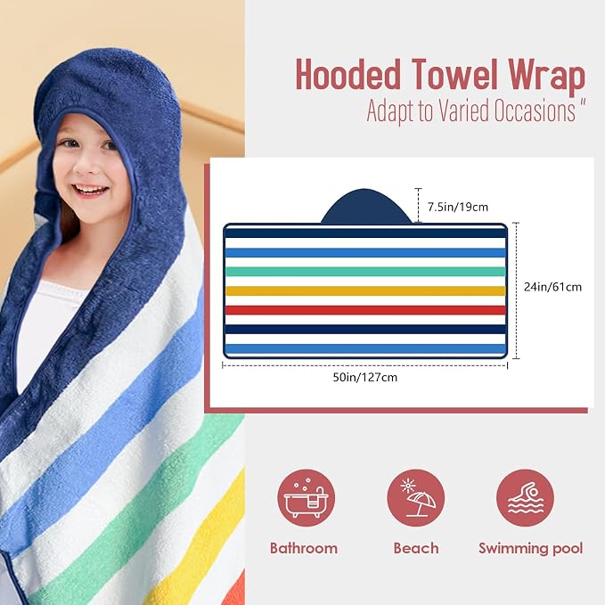 Style Quarters 100% Cotton Kids Hooded Bath Towel with Colorful Stripe Design - Large 50"x24" Soft Terry Toddler Beach Towel, Rainbow Hooded Towel for Boys & Girls (Rainbow)