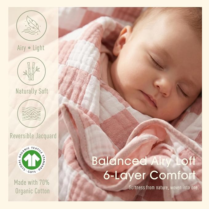 6-Layer Muslin Baby Blanket Made with Organic Cotton - Classic Neutral Checkered, Swaddle & Crib Quilt, 43”x43”, Dusty Pink Checkered, 1-Pack
