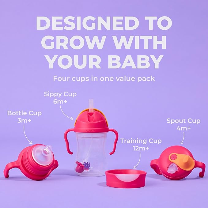b.box + Lansinoh Time to Sip Starter Cup Set (3m+ to Toddler) | 1 Cup with 4 Lids ??Nipple, Spout, Weighted Straw, Training | BPA-Free, Dishwasher Safe, Easy-Grip | 8 Ounces | Tropical Sea
