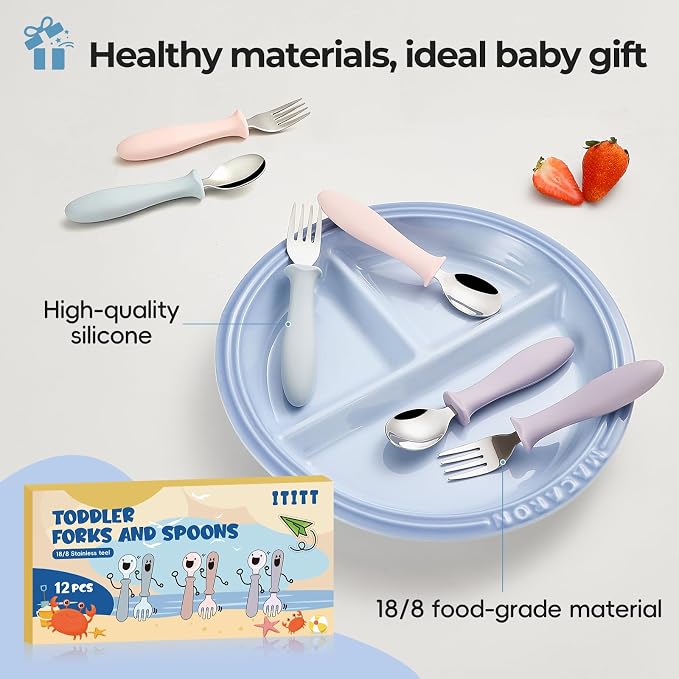 12 PCS Toddler Utensils Kids Silverware Set with Silicone Handle Children Food Grade 18/8 Stainless Steel Toddler Forks and Spoons Safe Anti-Choke Design Mirror Polished Sturdy Durable with 3 Colors