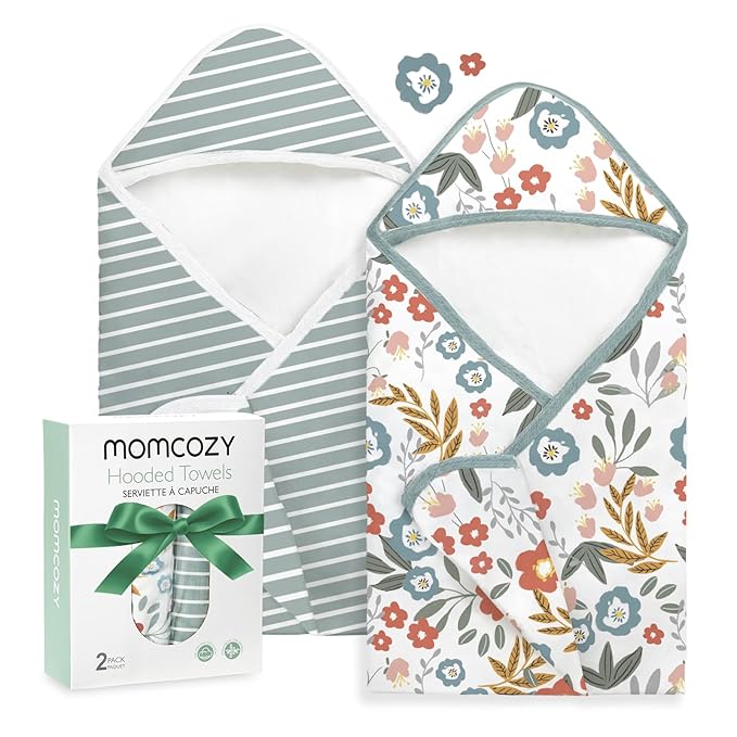 Momcozy Baby Towel with Hooded-2 Pack Soft Bath Towel Set-Shower Gifts or Bath Essential for Infant, Newborn, Toddler (35 X 35 Inch, Petite Blossom)
