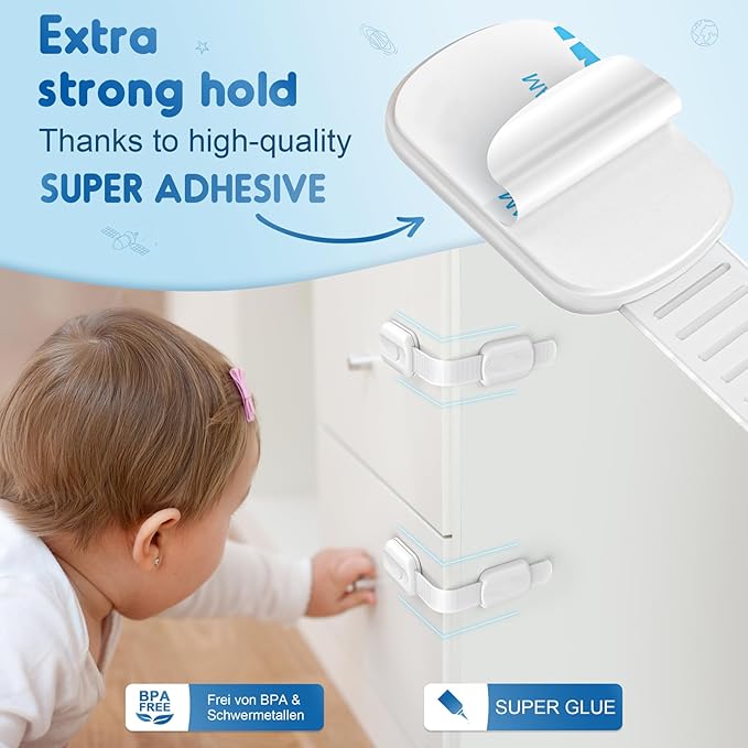 Cabinet Locks Baby Proofing, 12 Pack Child Proof Cabinet Locks with Strong Adhesive Child Safety Locks for Doors, Drawer Locks Baby Proofing No Drilling, Cabinet Locks for Babies- White