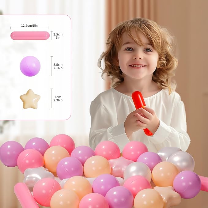 Ball Pit Balls for Toddlers 1-3, 100pcs Crush Proof Plastic Balls for Girls Ball Pit, BPA Free Non-Toxic Play Balls for Baby Pool, Playhouse, Tent, for Dogs & Pets, 3 Shapes Mixed Pink Purple