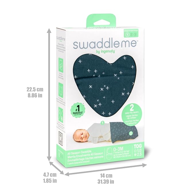 SwaddleMe by Ingenuity All Season Baby Swaddle, 2 Quick Flip Layers to Change from 1.0 to 2.5 TOG, Size 0-3 Months, 7-14 Pounds - Tiny Tiles
