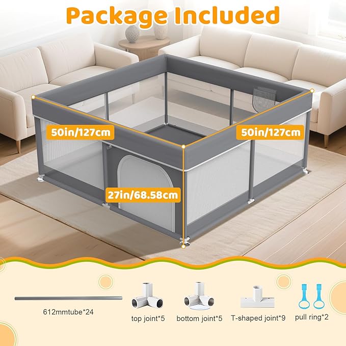 50x50 Small Baby Playpen - Full Cover Anti-Collision Grey Playard for Babies and Toddlers Space-Saving Safety Play Yard Indoor Activity Center for Apartments Gray