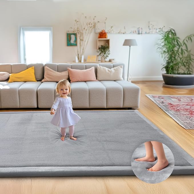 Mallify Ultra Soft 1.3" Thick Baby Play Mat for Floor, Extra Large Velvet 71"x79" Playpen Mat, Baby-Safe & Non-Slip Tummy Time Mat, Crawling Mat for Babies, Toddlers, Infants, Kids, Gray