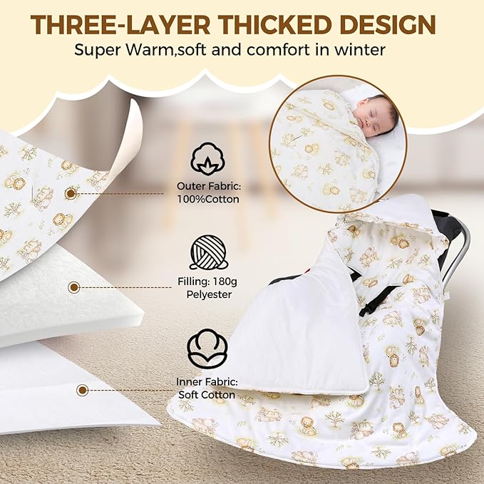 LAT LEE AND TOWN Winter Baby Car Seat Blanket for Newborn,35"x35"Universal Baby Wrap Blanket with Ruffle Hood,Winter Thickening Double Sided Cotton for Infants,Blankets for Stroller(Lion Elephant)