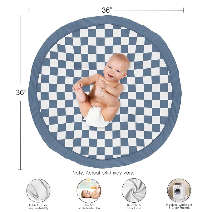 Sweet Jojo Designs Baby Play Mat (Blue Gingham Checkered Plaid) for Boys, Infant, Toddler Tummy Time Activity Floor Playmat (Vintage, Classic Checkerboard, Geometric, Minimalist, Retro, Slate & Steel)