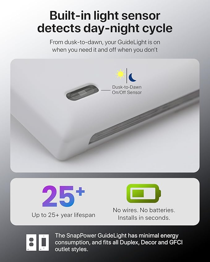 Single - SnapPower GuideLight [for Standard Decor, Not GFCI outlets] - Night Light - Electrical Outlet Wall Plate with LED Night Lights - Automatic On/Off Sensor - (Décor, Light Almond)