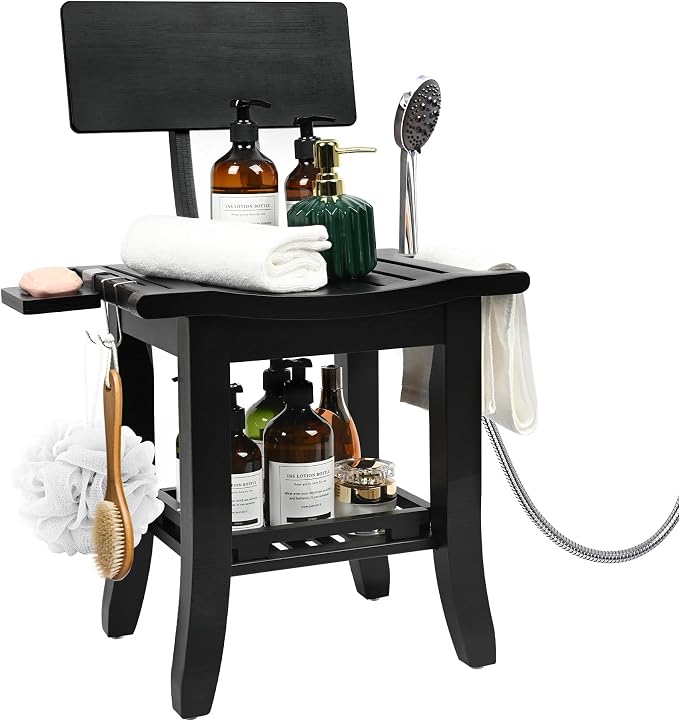 Two-Tier Bamboo Shower Chair for Inside Shower, Waterproof Baby Bath Seat with Storage Shelf, Soap Dish and Shower Head Holder, Shower Stool for Seniors Adults Disabled Pregnant(Black)