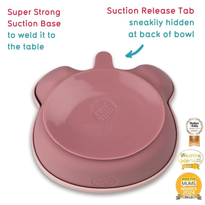 TUM TUM Suction Bowl for Baby, Toddler Bowl with Lid & Spoon, for Babies & Toddlers 6 Months+, BPA Free Silicone Baby Feeding Set, Microwave/Dishwasher/Freezer Safe, Betsy Bear, Pink